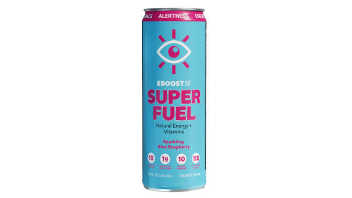 A turquoise can with white and bright pink font reading Eboost Super Fuel energy drink.